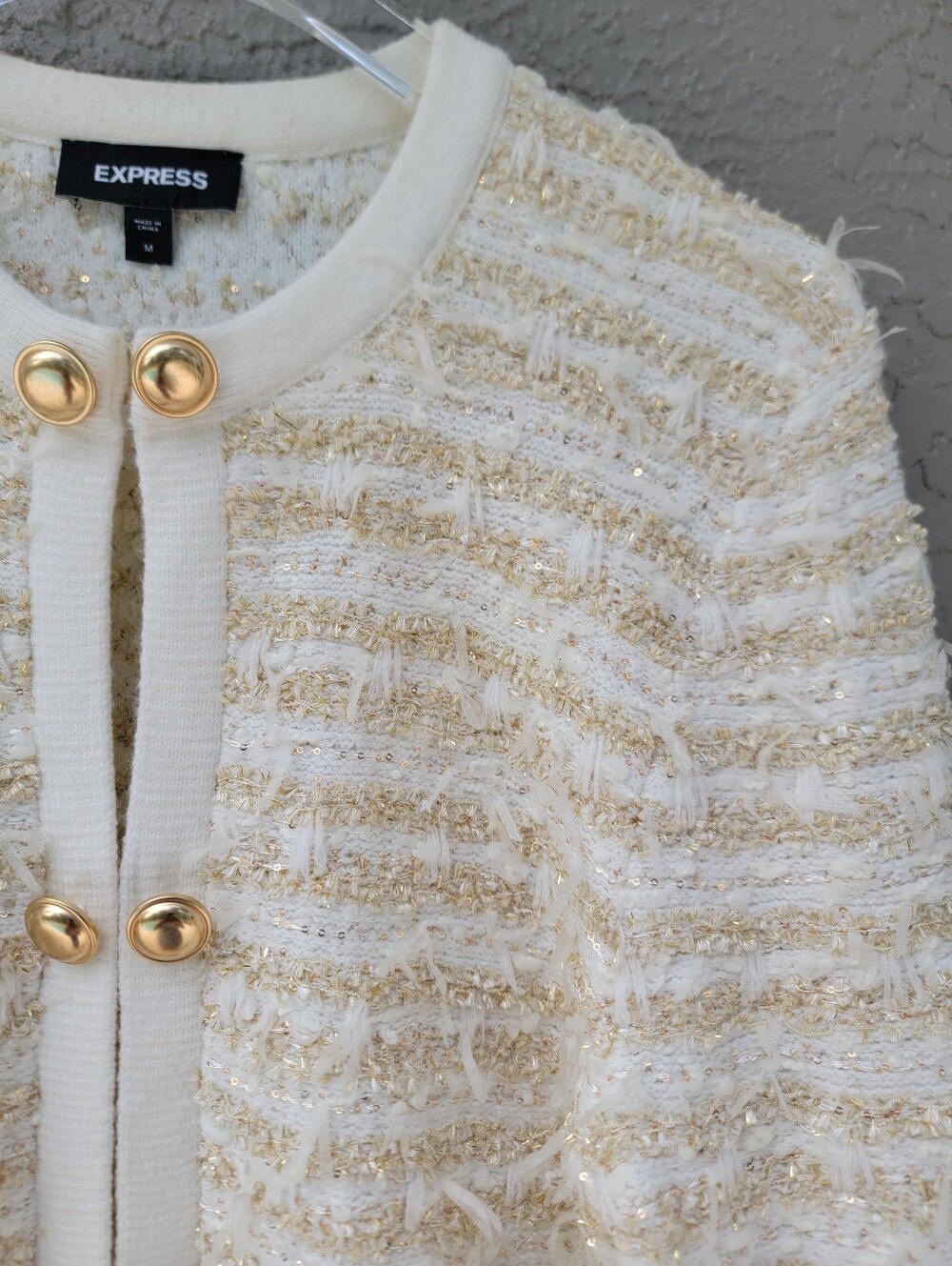 Express Cream Gold Metallic tweed Bouclé Knit Cardigan Jacket Medium clasp chic - Picture 4 of 13